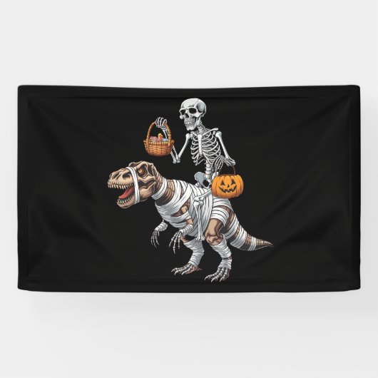 Skelet rijdend op Mummie Dinosaurus T rex Hallowee Spandoek (Horizontaal)