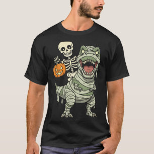 Skelet rijdend op mummie dinosaurus T Rex Hallowee T-shirt