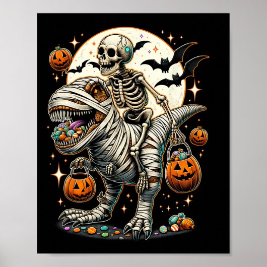 Skelet rijdende mummie dinosaurus T Rex kinderen j Poster (Voorkant)