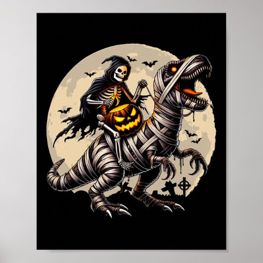 Skelet rijdende mummie dinosaurus T Rex pompoen gr Poster (Voorkant)