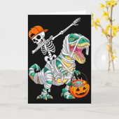 Skelet Rijdt Dansende Dab Dinosaur T Rex Hallowe Kaart (Gele Bloem)