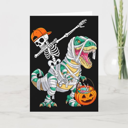 Skelet rijdt dansende Dab Dinosaur T Rex Halloween Kaart (Voorkant)