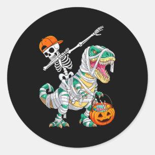Skelet rijdt dansende dab dinosaurus T Rex Hallowe Ronde Sticker