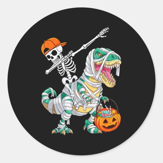 Skelet rijdt dansende dab dinosaurus T Rex Hallowe Ronde Sticker (Voorkant)