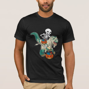 Skelet rijdt op Dinosaurus Mummie Pompoen Hallowee T-shirt