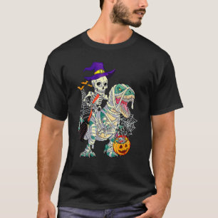 Skelet rijdt op Rex Dinosaur Pumpkin Halloween Ki T-shirt