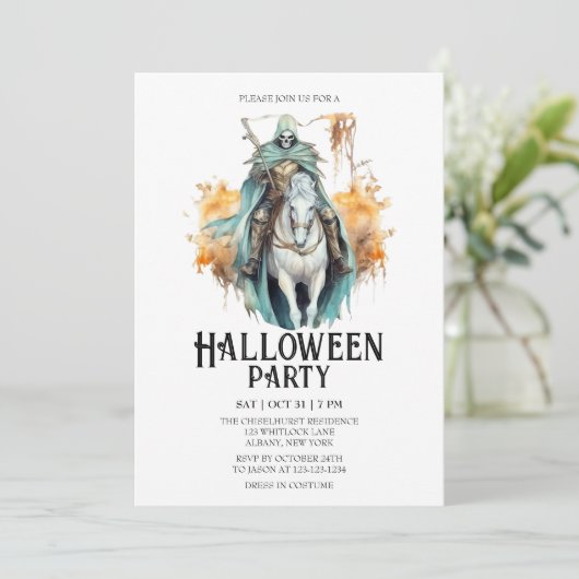 Skelet Ruiter Kostuum Mint Halloween Feest Kaart (Staand voorkant)