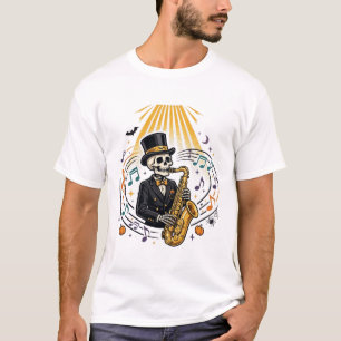 Skelet Saxofoon Jazz Nacht Halloween Kunst T-shirt