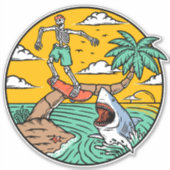 Skelet Skateboard Man Gestrand Op Eiland Haai Sticker (Voorkant)
