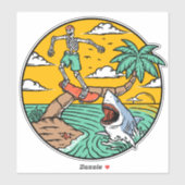 Skelet Skateboard Man Gestrand Op Eiland Haai Sticker (Vel)