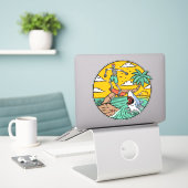 Skelet Skateboard Man Gestrand Op Eiland Haai Sticker (Laptop op bureau)