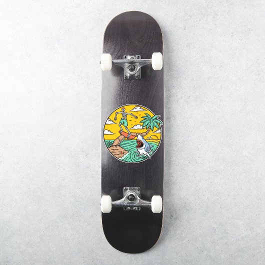 Skelet Skateboard Man Gestrand Op Eiland Haai Sticker (Skateboard)