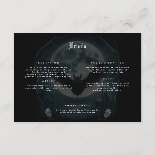 Skelet Skull Donker Gotisch Bruiloft Details Informatiekaartje (Voorkant)
