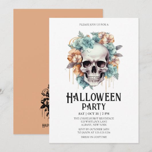 Skelet Skull Flowers Mint Halloween Party Kaart (Voorkant / Achterkant)