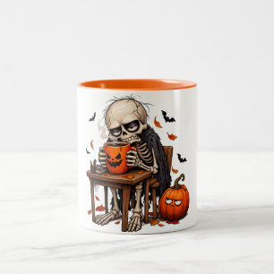Skelet Slurpende Pompoenmok Halloween Tweekleurige Koffiemok