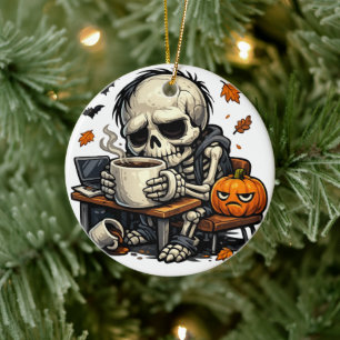 Skelet Slurpt Herfstbier Keramisch Ornament