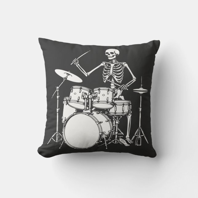 Skelet speelt drums in rockband kussen (Voorkant)