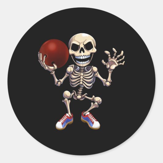 Skelet spelen Bowling Funny Halloween Skull Kind Ronde Sticker (Voorkant)