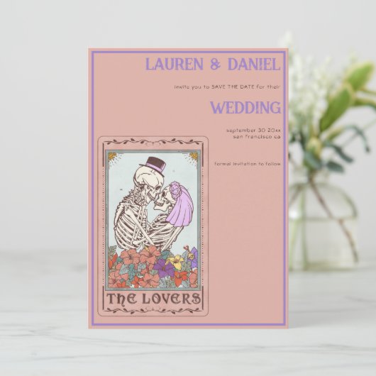 Skelet Tarot QR Gotische Bruiloft Save The Date (Staand voorkant)