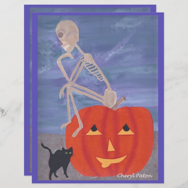 Skelet Thinker Halloween Scrapbook Papier (Voorkant / Achterkant)