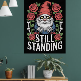 Skelet tuinkabouter met rozen en tekst poster
