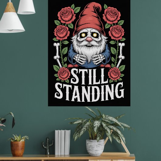Skelet tuinkabouter met rozen en tekst poster (Woonkamer 1)