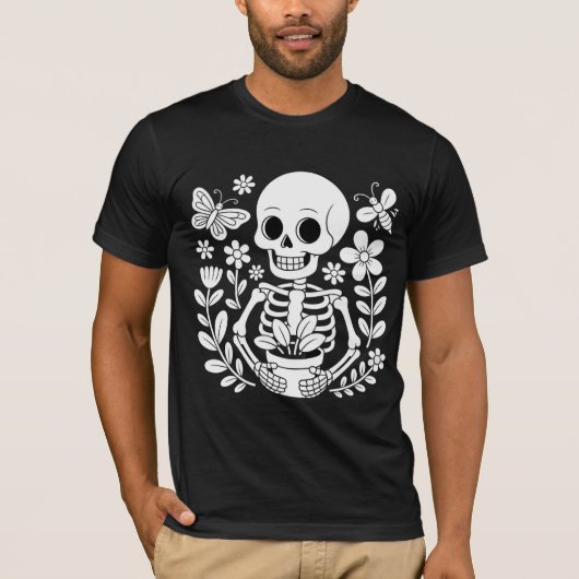 Skelet Tuinman Kunst Fantasie Bloempot T-shirt (Voorkant)