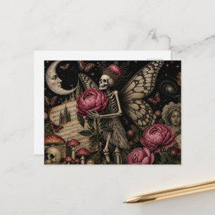 Skelet van een fee en pioenbloemen collage briefkaart