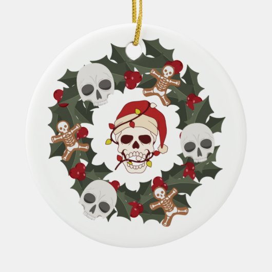 Skelet Versierd Kerstkrans op een Keramisch Ornament (Voorkant)
