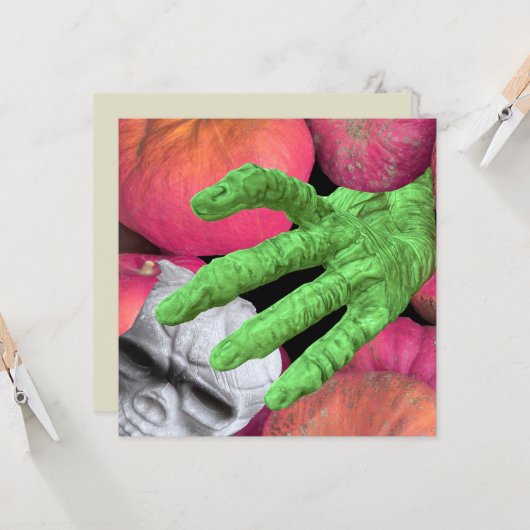 Skelet vingers & schedel & pompoenen voor Hallowee Kaart (Voorkant / Achterkant in situ)