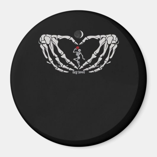 Skelet vrouw met rood in het hart gemaakt van hand magneet (Voorkant)