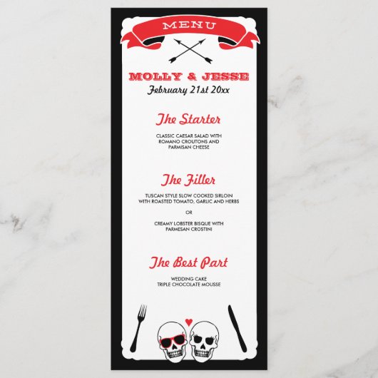 Skelet Wedding Dinner Menu - Zwart en Rood (Voorkant)