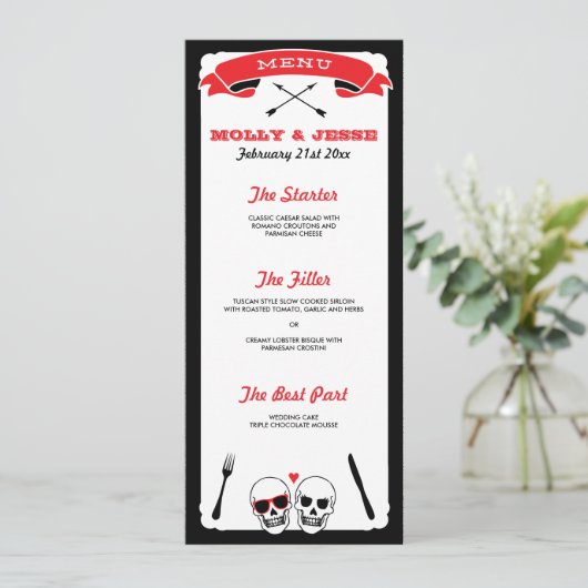 Skelet Wedding Dinner Menu - Zwart en Rood (Staand voorkant)