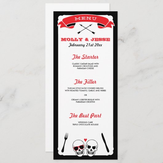 Skelet Wedding Dinner Menu - Zwart en Rood (Voorkant / Achterkant)