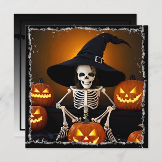Skelet Witch's Pet en Jack-O-Lanterns Halloween Kaart (Voorkant / Achterkant)