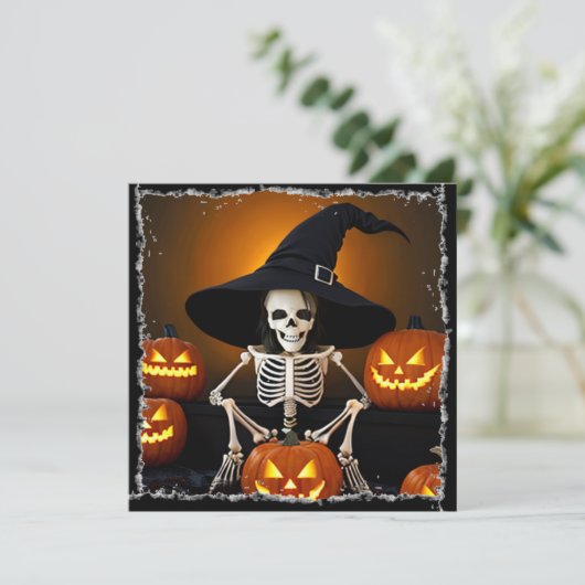 Skelet Witch's Pet en Jack-O-Lanterns Halloween Kaart (Staand voorkant)
