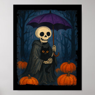 Skelet Zwarte Kat Paarse Paraplu Pompoen Halloween Poster