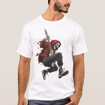 Skeletgitarist in rode hoodie rockt 