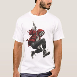 Skeletgitarist in rode hoodie rockt  t-shirt