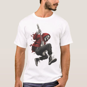 Skeletgitarist in rode hoodie rockt t-shirt