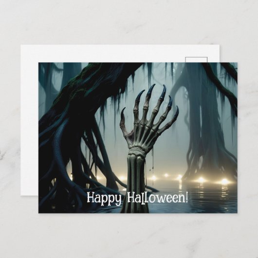 Skelethand, 6 vingers, reiken uit moeras briefkaart (Voorkant / Achterkant)