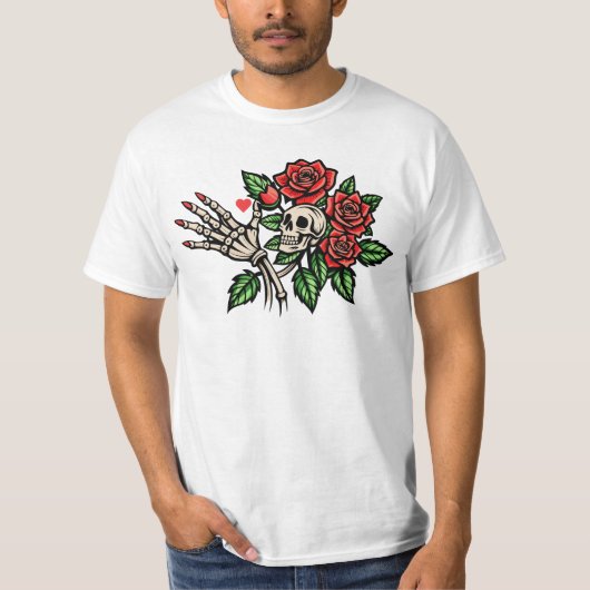 Skelethand met rode rozen Zelfzorg T-shirt (Voorkant)