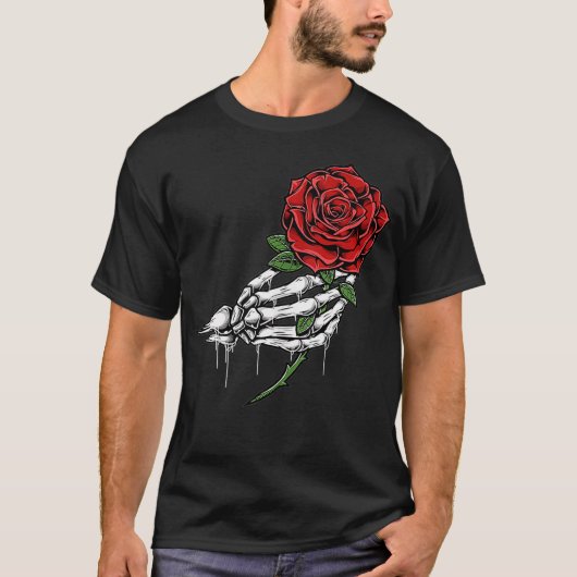 Skelethandje met één rode rozenstaaf tatto t-shirt (Voorkant)