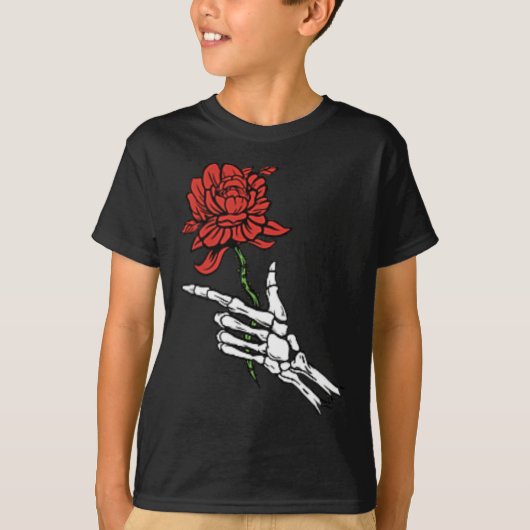 Skelethandje met rode roze t-shirt (Voorkant)