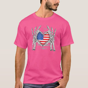 Skelethandjes met Amerikaans vlaggenhart 4 juli T-shirt