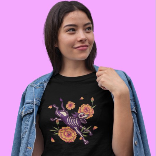 Skelethond met goudsbloemen Día de los Muertos T-shirt