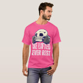 Skeletkop met de getilde barbell rust nooit uit t-shirt (Voorkant volledig)