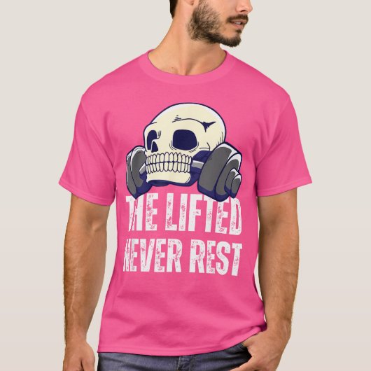 Skeletkop met de getilde barbell rust nooit uit t-shirt (Voorkant)