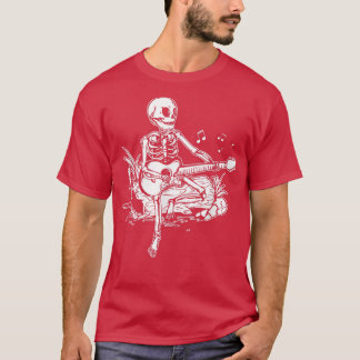 Skeletkop speelt akoestische rots op zijn gitaar t-shirt