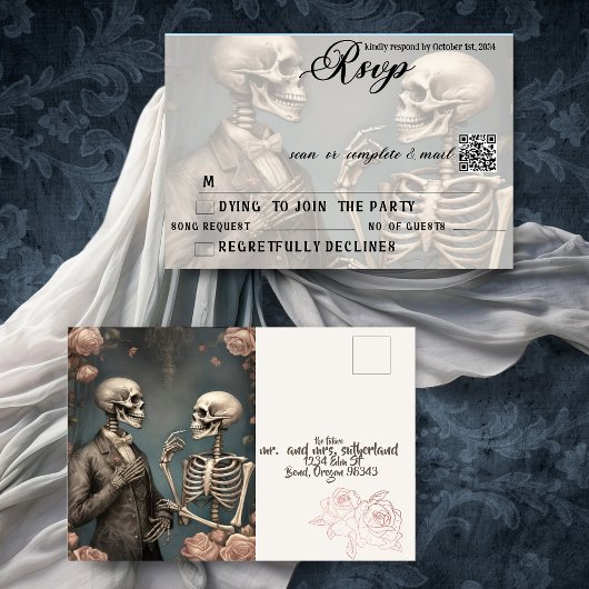Skeletkoppel tot de dood doet ons deel RSVP QR Uitnodiging Briefkaart